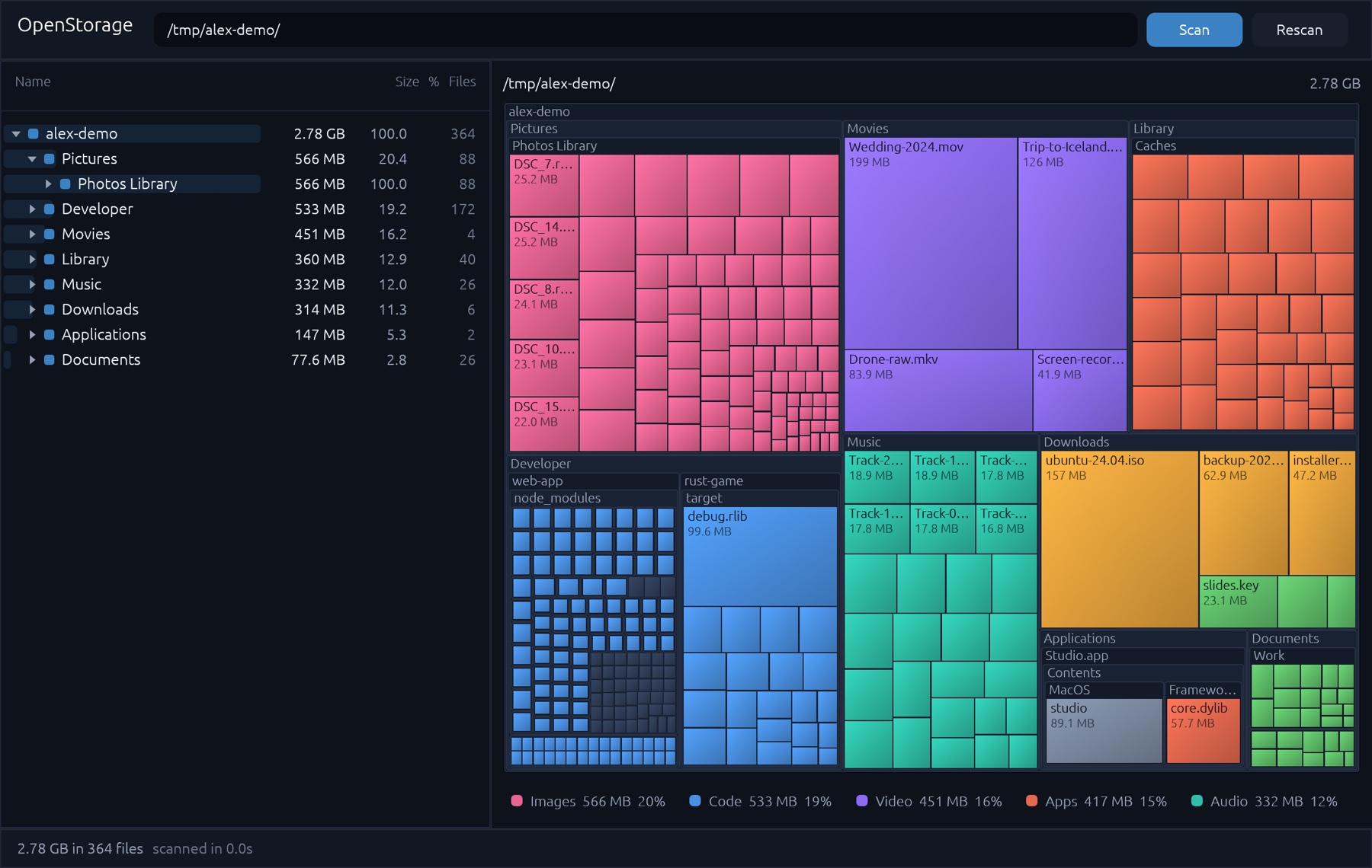 OpenStorage showing a folder tree on the left and a colored treemap of files on the right